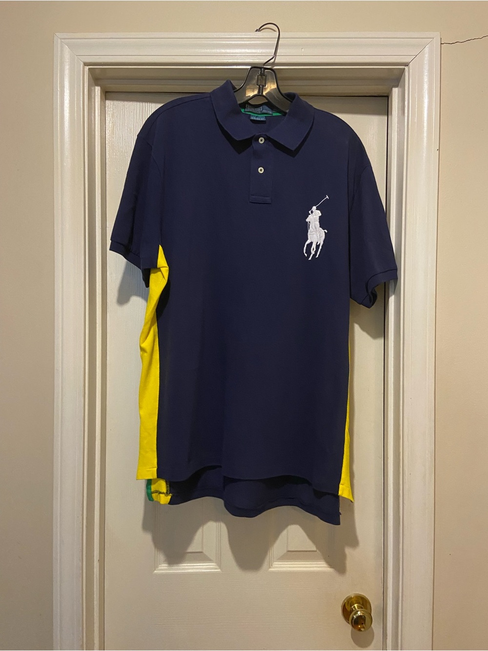 Ralph Lauren Navy Polo with Yellow Side Panels and White Logo